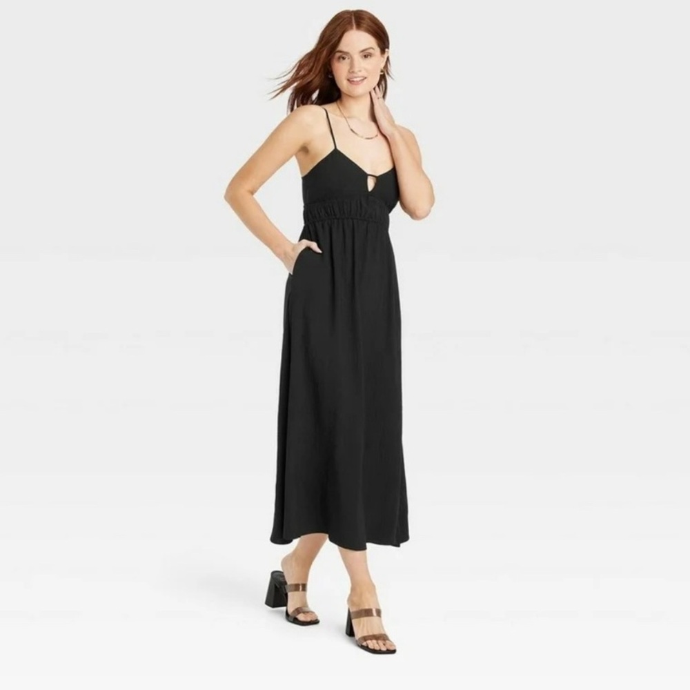 A New Day Black Ruched Midi Dress Black Size Medium